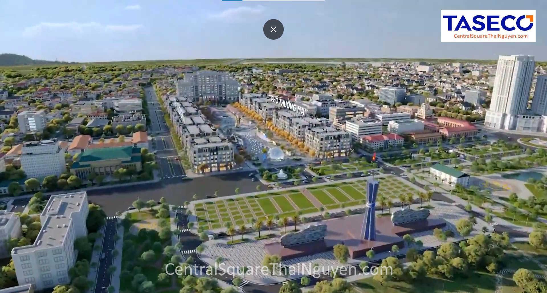Central Square Thái Nguyên - Phối cảnh trên cao trục phố đi bộ và shophouse 6 tầng Taseco Land
